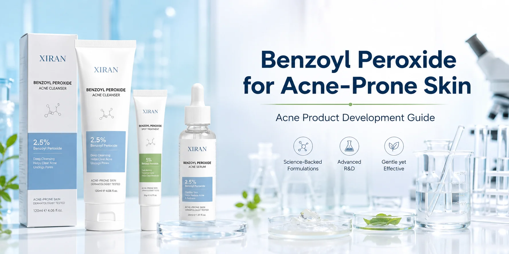 A range of benzoyl peroxide skincare products including cleanser, serum, and spot treatment for acne-prone skin, displayed with laboratory glassware.